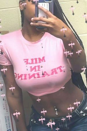 Y2K Pink MILF In Training Slogan Crop Tee Streetwear Top