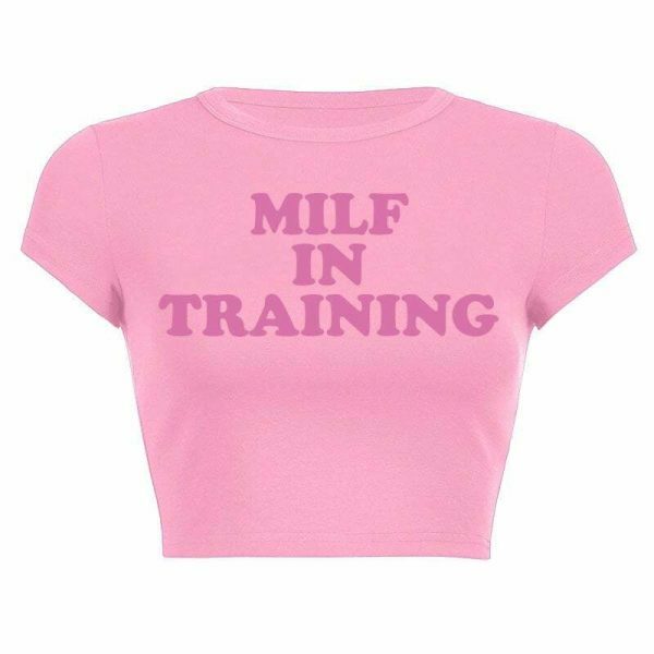 Y2K Pink MILF In Training Slogan Crop Tee Streetwear Top