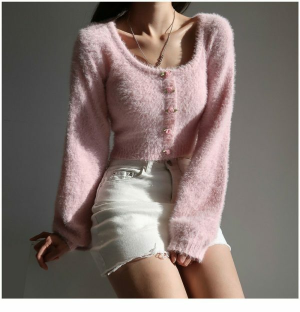 Y2K Pink Mohair Knit Long Sleeve Crop Cardigan