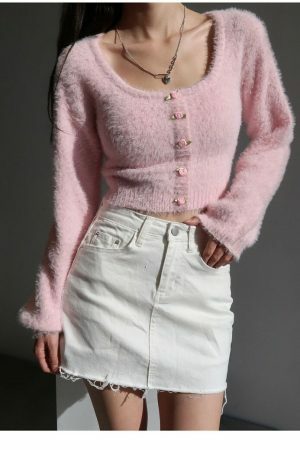 Y2K Pink Mohair Knit Long Sleeve Crop Cardigan