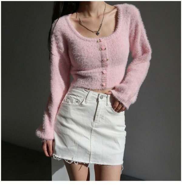 Y2K Pink Mohair Knit Long Sleeve Crop Cardigan