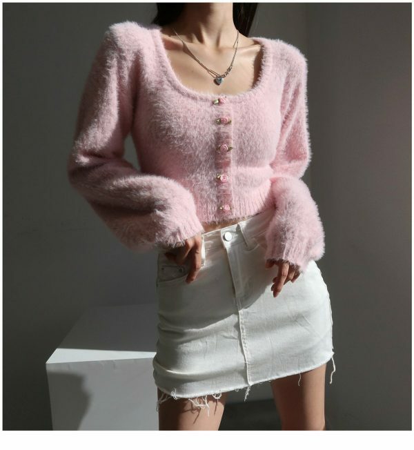 Y2K Pink Mohair Knit Long Sleeve Crop Cardigan