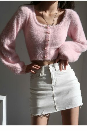 Y2K Pink Mohair Knit Long Sleeve Crop Cardigan