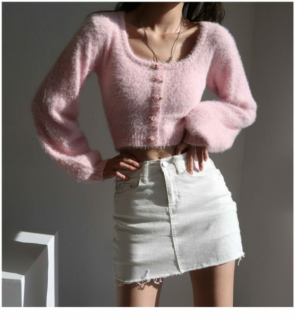 Y2K Pink Mohair Knit Long Sleeve Crop Cardigan