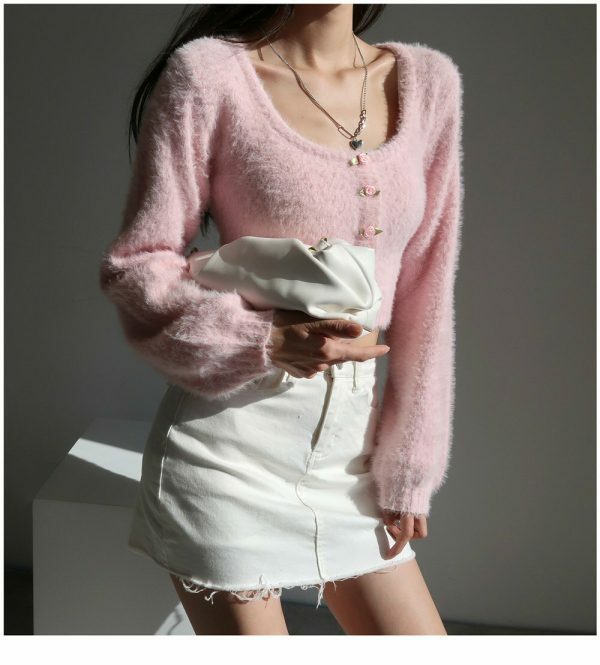 Y2K Pink Mohair Knit Long Sleeve Crop Cardigan