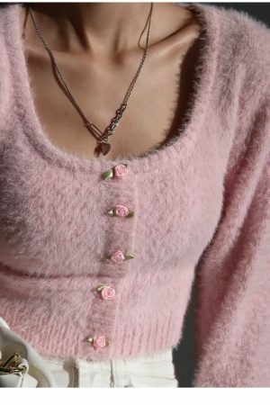 Y2K Pink Mohair Knit Long Sleeve Crop Cardigan