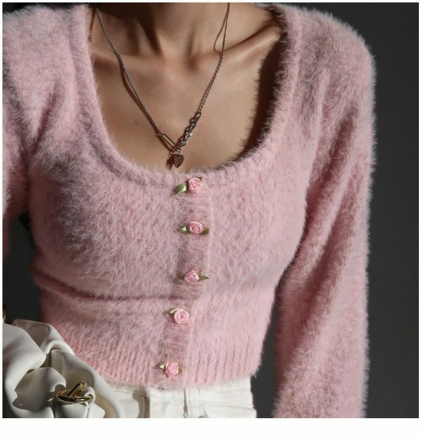 Y2K Pink Mohair Knit Long Sleeve Crop Cardigan