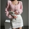 Y2K Pink Mohair Knit Long Sleeve Crop Cardigan