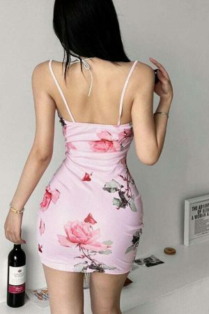 Y2K Pink Print Sweet Feminine Streetwear Party Charm Tight Strap Dress