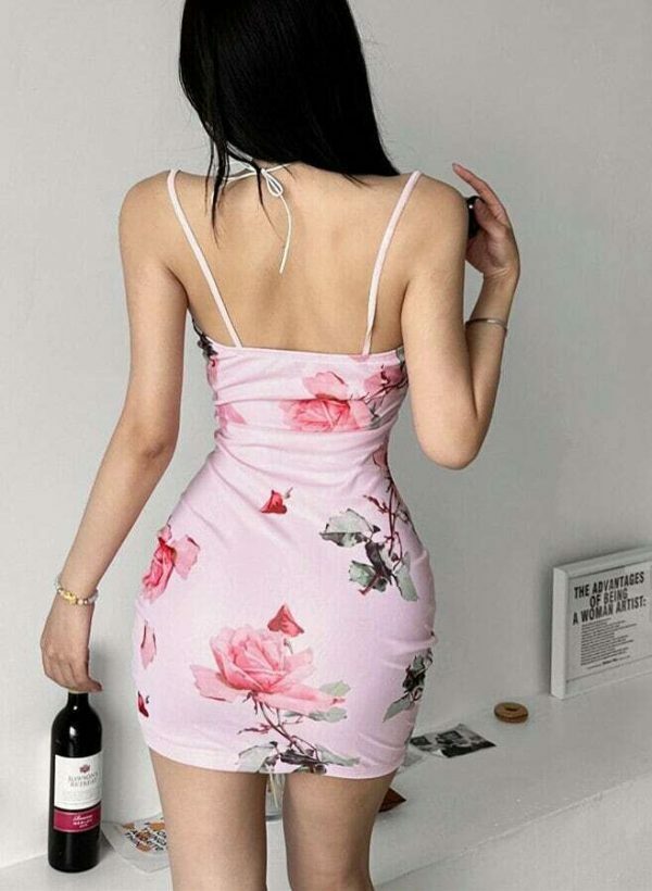 Y2K Pink Print Sweet Feminine Streetwear Party Charm Tight Strap Dress