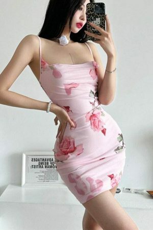 Y2K Pink Print Sweet Feminine Streetwear Party Charm Tight Strap Dress