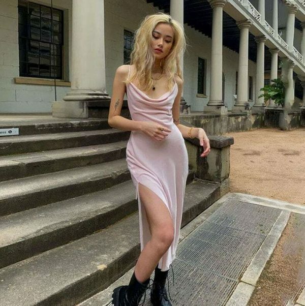 Y2K Pink Satin Slit Dress