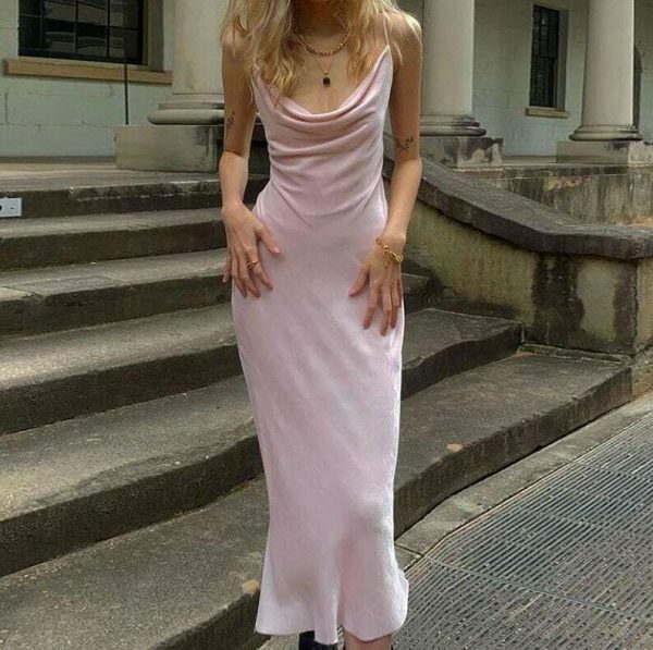 Y2K Pink Satin Slit Dress