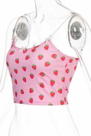 Y2K Pink Strawberry Print Sleeveless Streetwear Dress