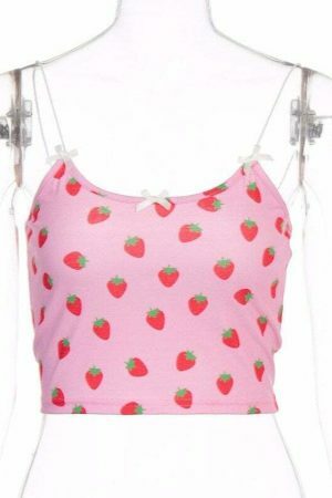 Y2K Pink Strawberry Print Sleeveless Streetwear Dress