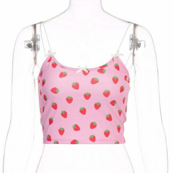 Y2K Pink Strawberry Print Sleeveless Streetwear Dress