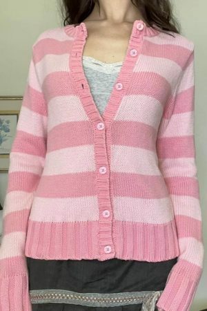 Y2K Pink Striped Button-Down Cardigan | Grunge Fairycore Knitwear