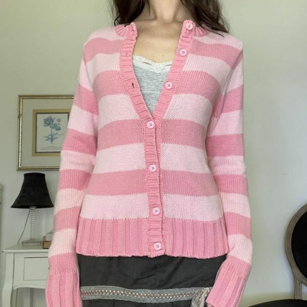 Y2K Pink Striped Button-Down Cardigan | Grunge Fairycore Knitwear