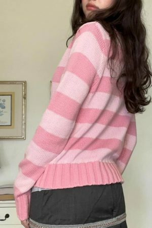 Y2K Pink Striped Button-Down Cardigan | Grunge Fairycore Knitwear