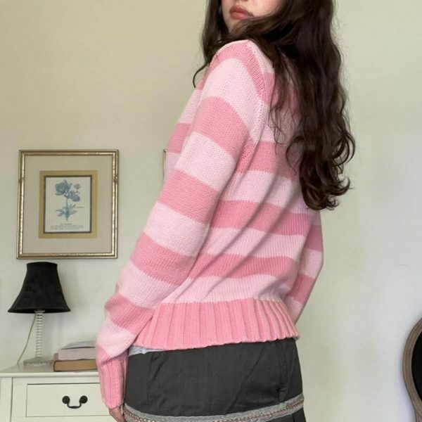 Y2K Pink Striped Button-Down Cardigan | Grunge Fairycore Knitwear