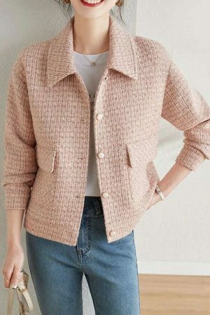 Y2K Pink Tweed Jacket - Women's Vintage Streetwear Coat