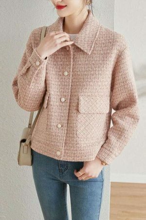 Y2K Pink Tweed Jacket - Women's Vintage Streetwear Coat