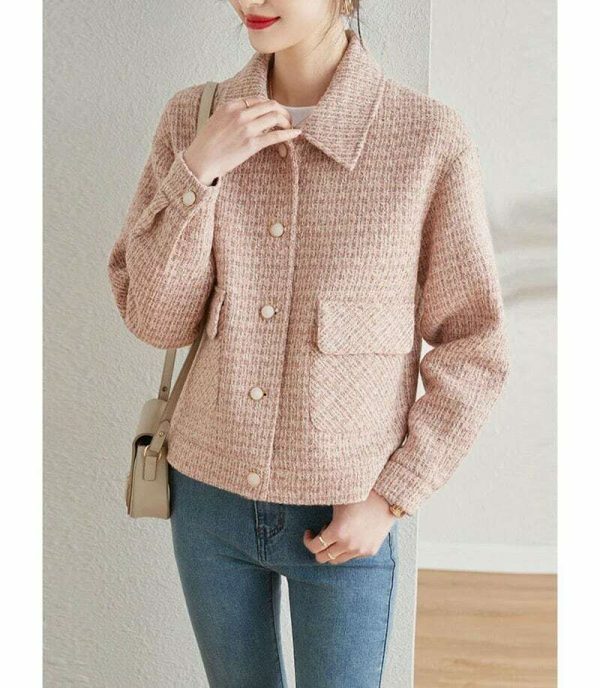 Y2K Pink Tweed Jacket - Women's Vintage Streetwear Coat