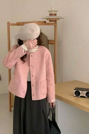 Y2K Pink Tweed Jacket Women French Top Streetwear Coat