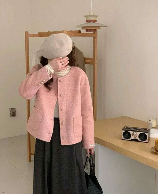 Y2K Pink Tweed Jacket Women French Top Streetwear Coat