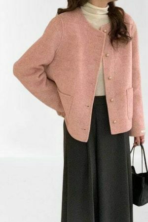 Y2K Pink Tweed Jacket Women French Top Streetwear Coat