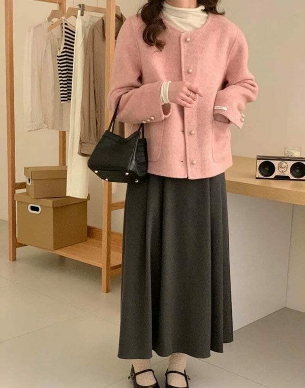 Y2K Pink Tweed Jacket Women French Top Streetwear Coat