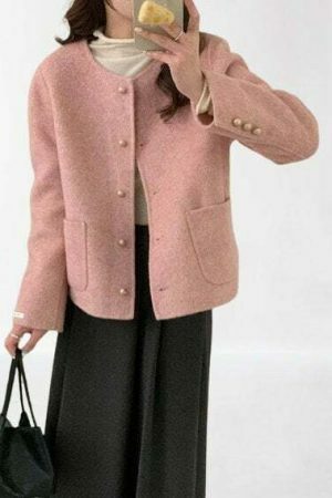 Y2K Pink Tweed Jacket Women French Top Streetwear Coat