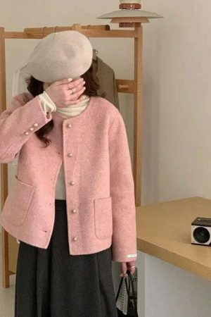 Y2K Pink Tweed Jacket Women French Top Streetwear Coat