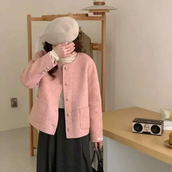 Y2K Pink Tweed Jacket Women French Top Streetwear Coat