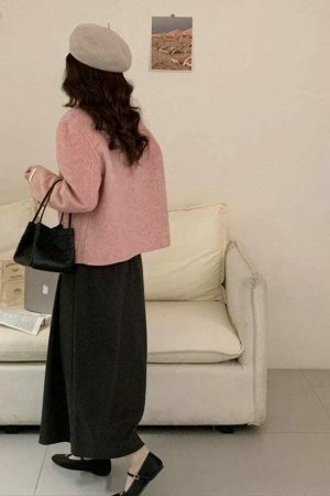 Y2K Pink Tweed Jacket Women French Top Streetwear Coat