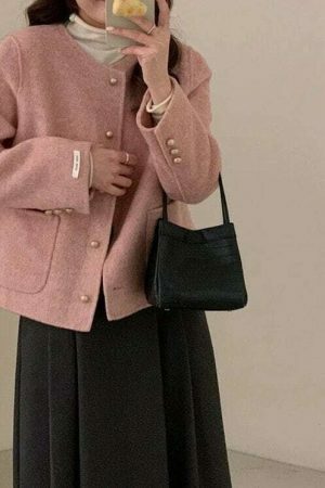 Y2K Pink Tweed Jacket Women French Top Streetwear Coat