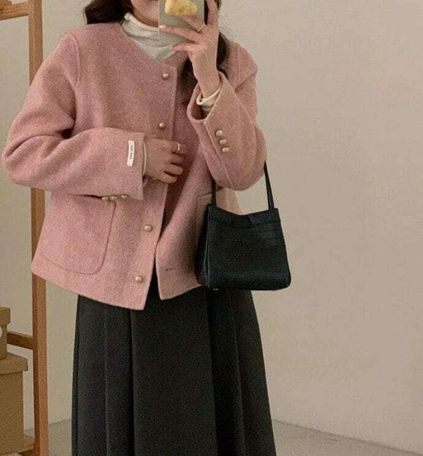 Y2K Pink Tweed Jacket Women French Top Streetwear Coat