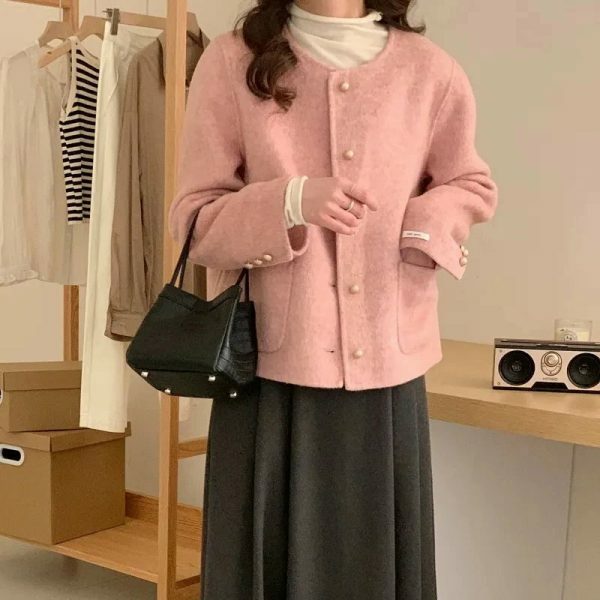 Y2K Pink Tweed Jacket Women French Top Streetwear Coat