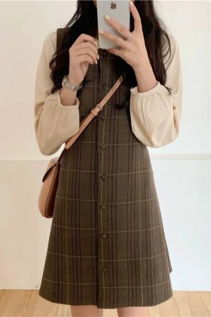 Y2K Plaid Button Dress: Retro Vintage Sleeveless Vest, Korea Style, Streetwear