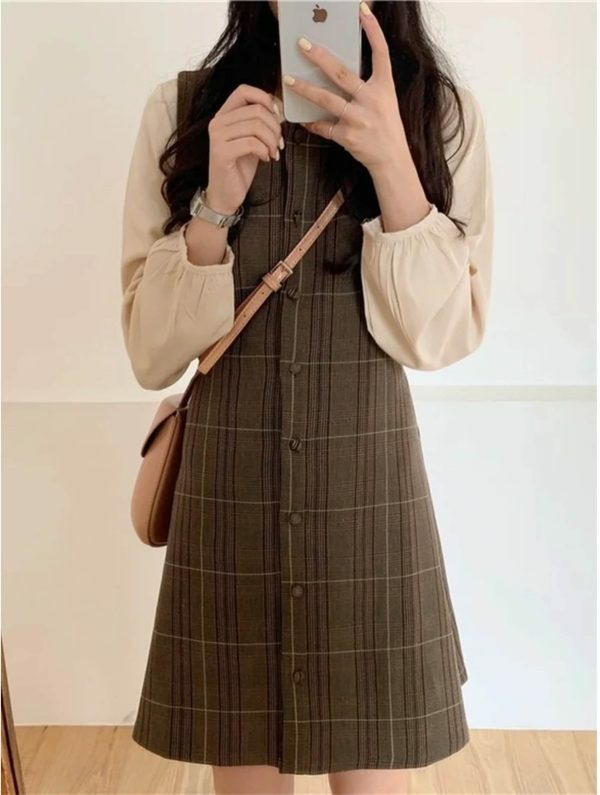 Y2K Plaid Button Dress: Retro Vintage Sleeveless Vest, Korea Style, Streetwear