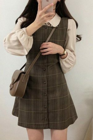 Y2K Plaid Button Dress with Cute Sleeveless Vest