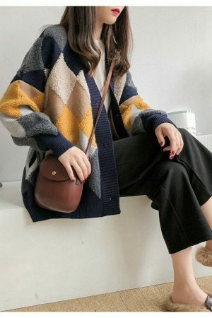 Y2K Plaid Button-Up Cardigan with Puff Sleeves for Women