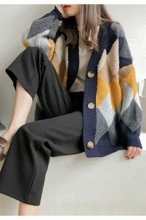 Y2K Plaid Button-Up Cardigan with Puff Sleeves for Women