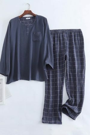 Y2K Plaid Cotton Pajama Set for Men | Long-Sleeve Loungewear Suit