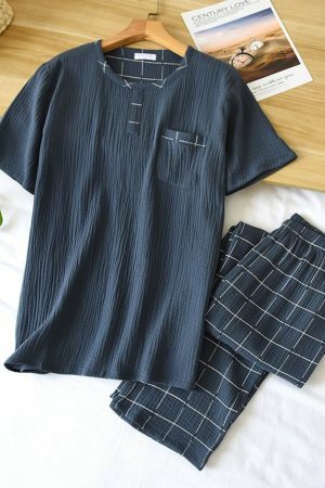 Y2K Plaid Cotton Pajama Set for Men | Long-Sleeve Loungewear Suit