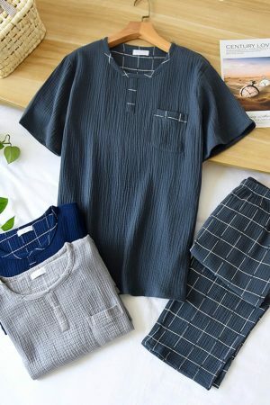 Y2K Plaid Cotton Pajama Set for Men | Long-Sleeve Loungewear Suit