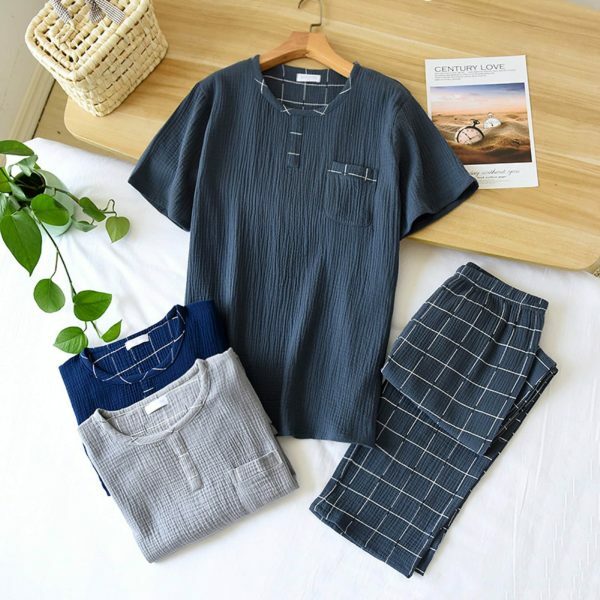 Y2K Plaid Cotton Pajama Set for Men | Long-Sleeve Loungewear Suit