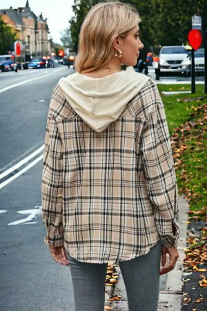 Y2K Plaid Hooded Button-Up Shirt for Women