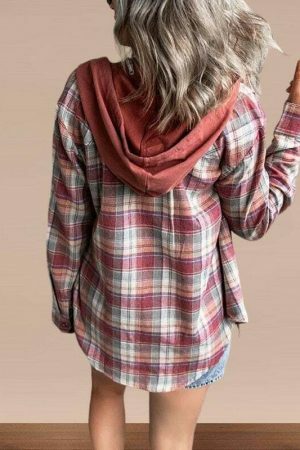 Y2K Plaid Hooded Button-Up Shirt for Women