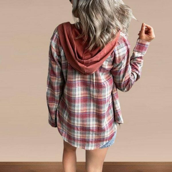 Y2K Plaid Hooded Button-Up Shirt for Women